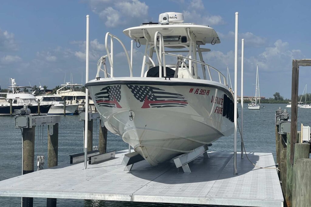 Boat-Lift-with-Boat-in-St-Pete-Florida Boat on boat lift by Sea Mount Boat Lifts